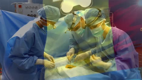 Animation-of-flag-of-romania-waving-over-surgeons-in-operating-theatre