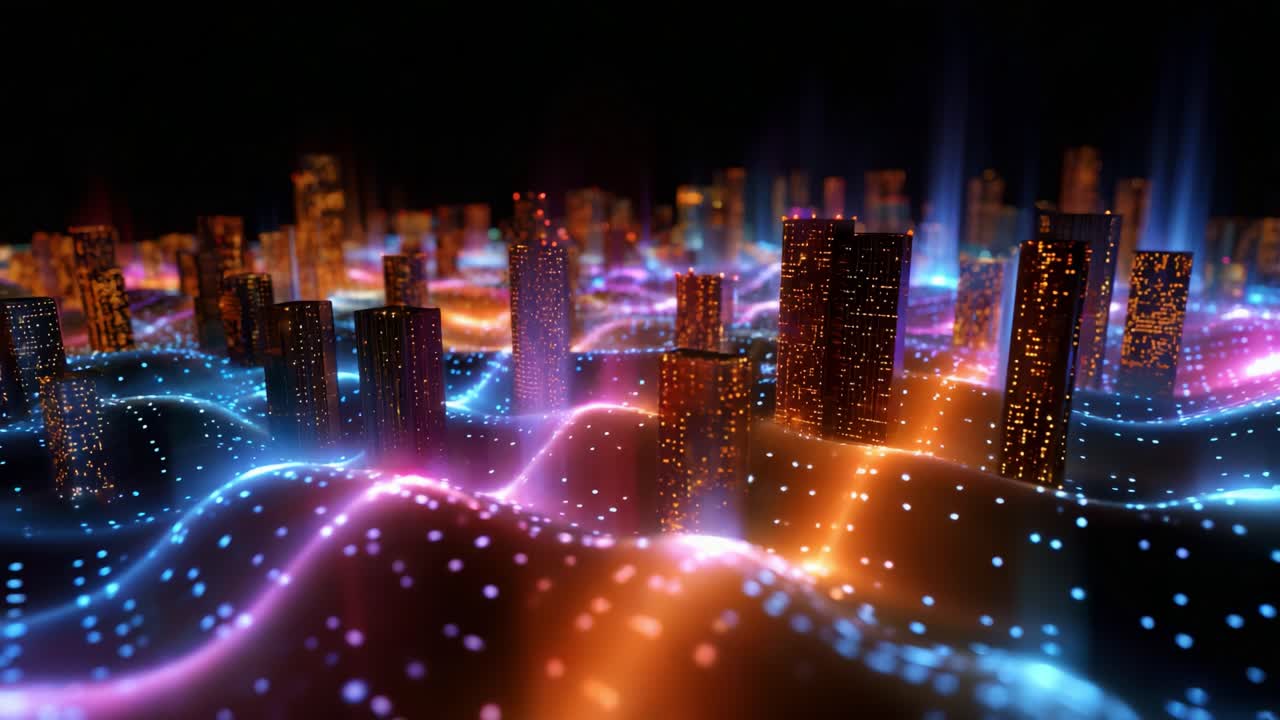 A Stunning Visualization of a Digital Cityscape with Vibrant Lights and Flowing Waves, Representing Connectivity, Technology, and Urban Life in a Captivating Abstract Composition