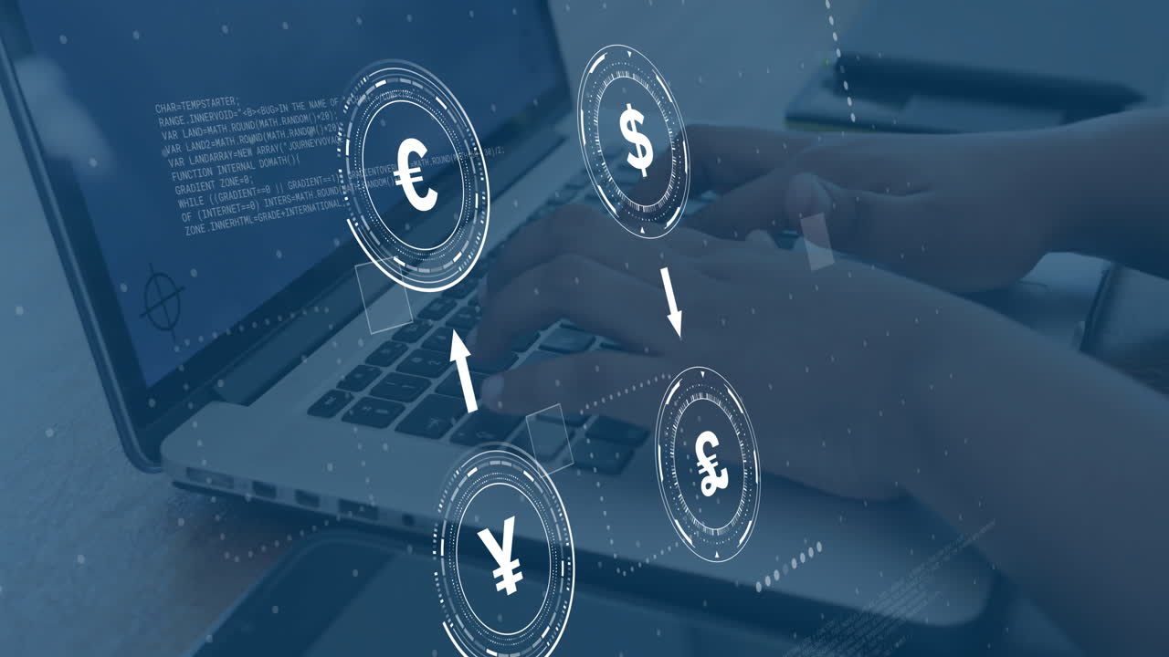 노트북을 사용하는 아프리카계 미국인 사업가에 대한 데이터 처리와 함께 통화 아이콘의 애니메이션