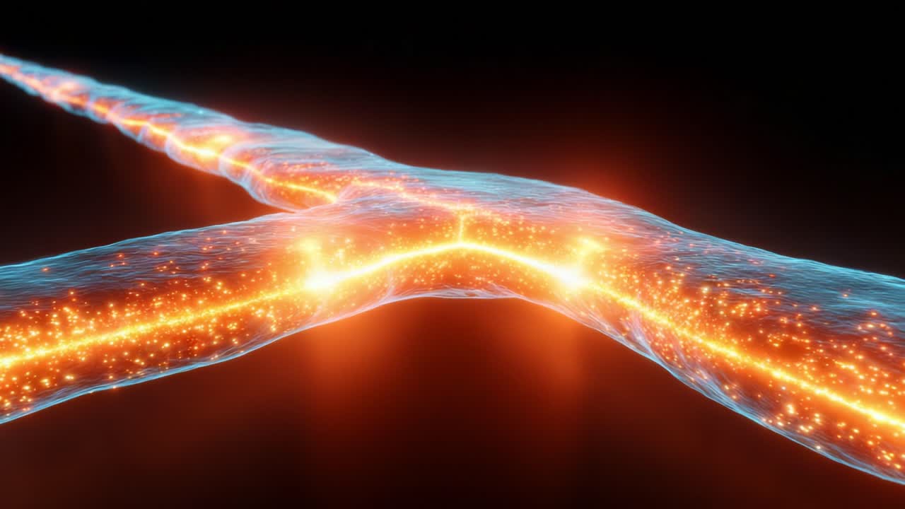 Exploring the Intersection of Cosmic Streams: A Vibrant Visualization of Energy Flow and Light in a Striking Cosmic Structure Illuminated by Glowing Particles in Motion