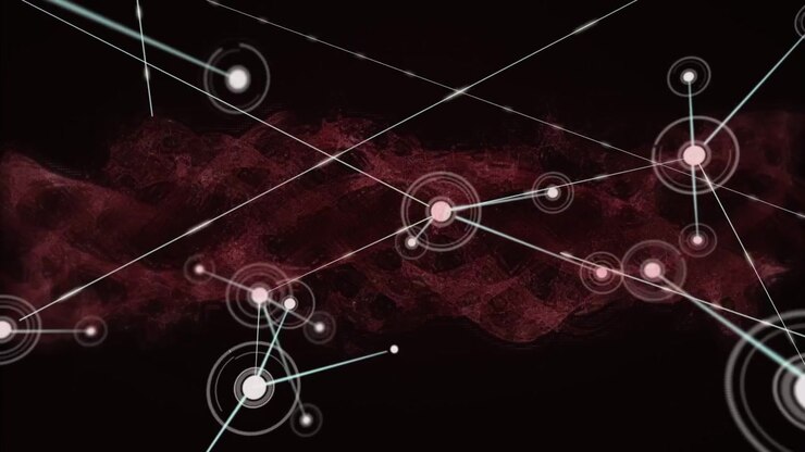 Target appearing, hub sending lines, nodes growing, dots moving, mapping network over maroon band