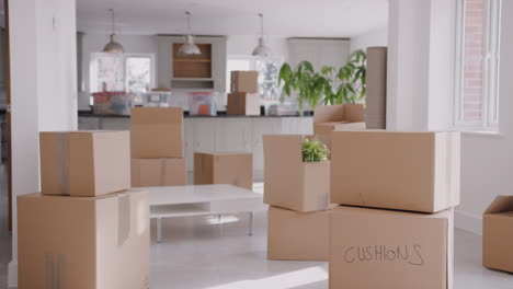 pull focus shot of removal boxes inside empty room on moving day