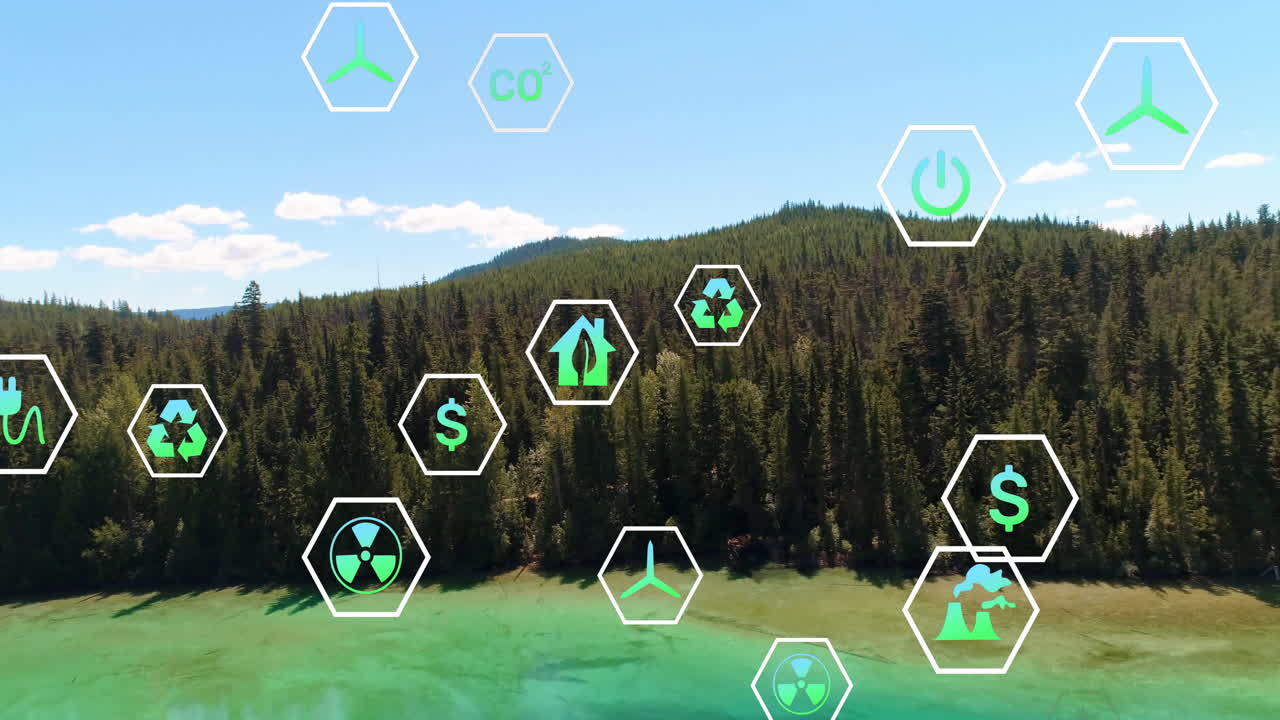 Turquoise lake and coniferous forest hosting floating hexagons displaying eco icons in flat design