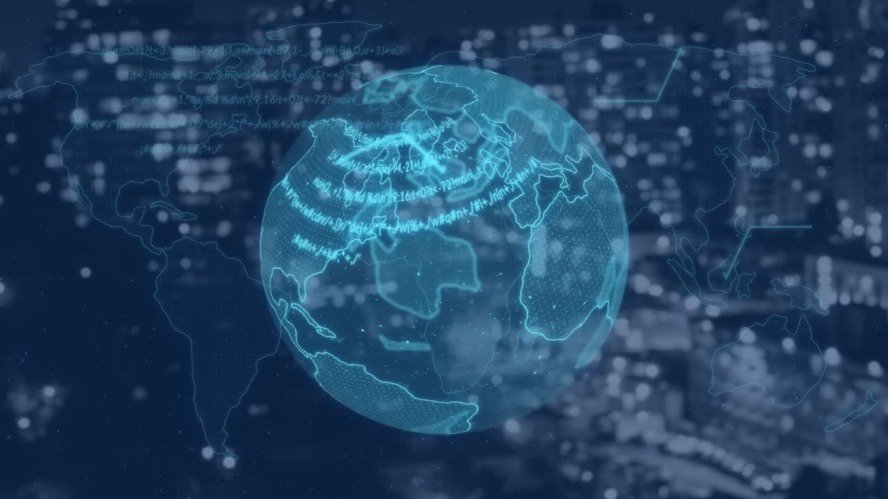 Animation of data processing and globe over blurred background