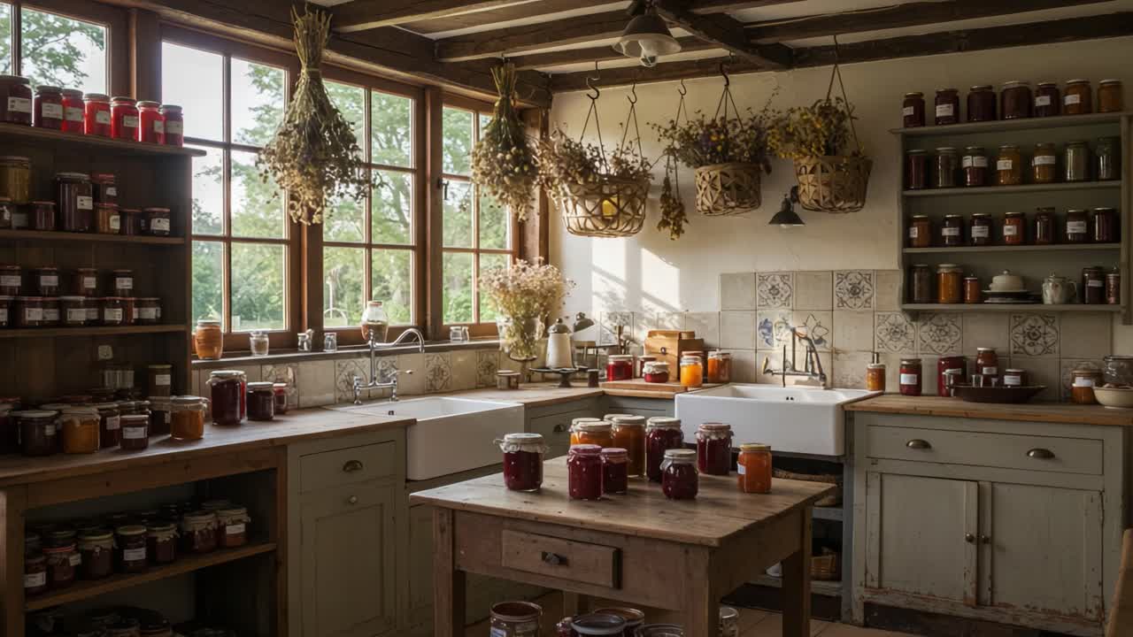 Charming Rustic Kitchen Infused with Natural Light, Showcasing an Array of Homemade Jars and Dried Herbs in a Warm, Inviting Atmosphere