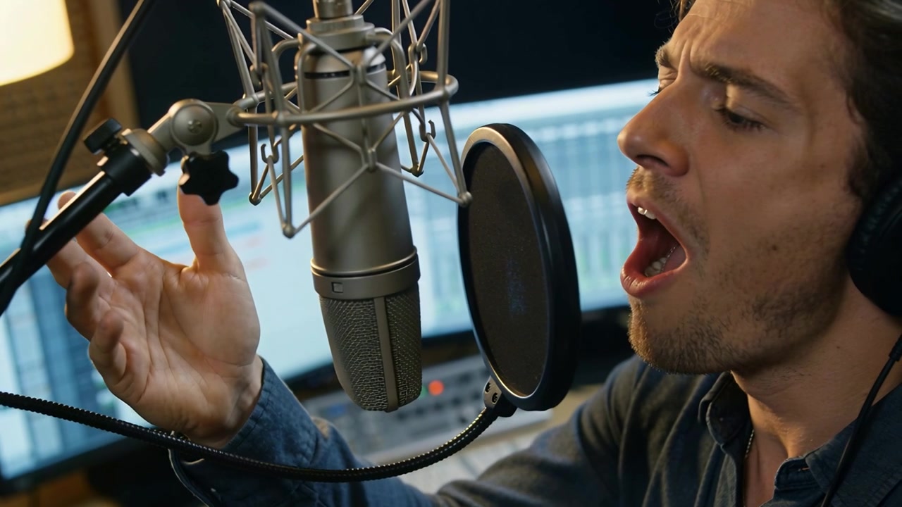Uomo che canta in camicia e cuffie in una cabina vocale, seguendo il picco della DAW, regolando il microfono e proiettando