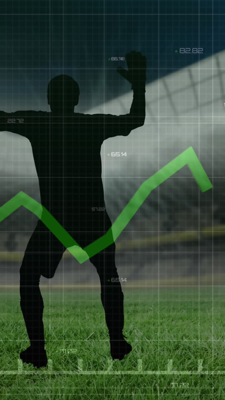 Animazione di grafici ed elaborazione dati con calciatori su stadio sportivo