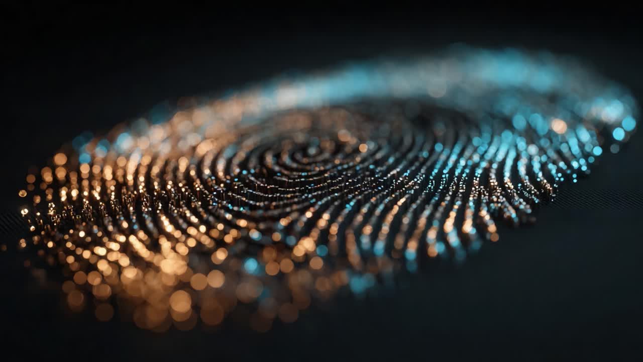 A close-up view of a shimmering fingerprint, showcasing intricate patterns and sparkling textures that illustrate unique identification through biometric data with artistic lighting