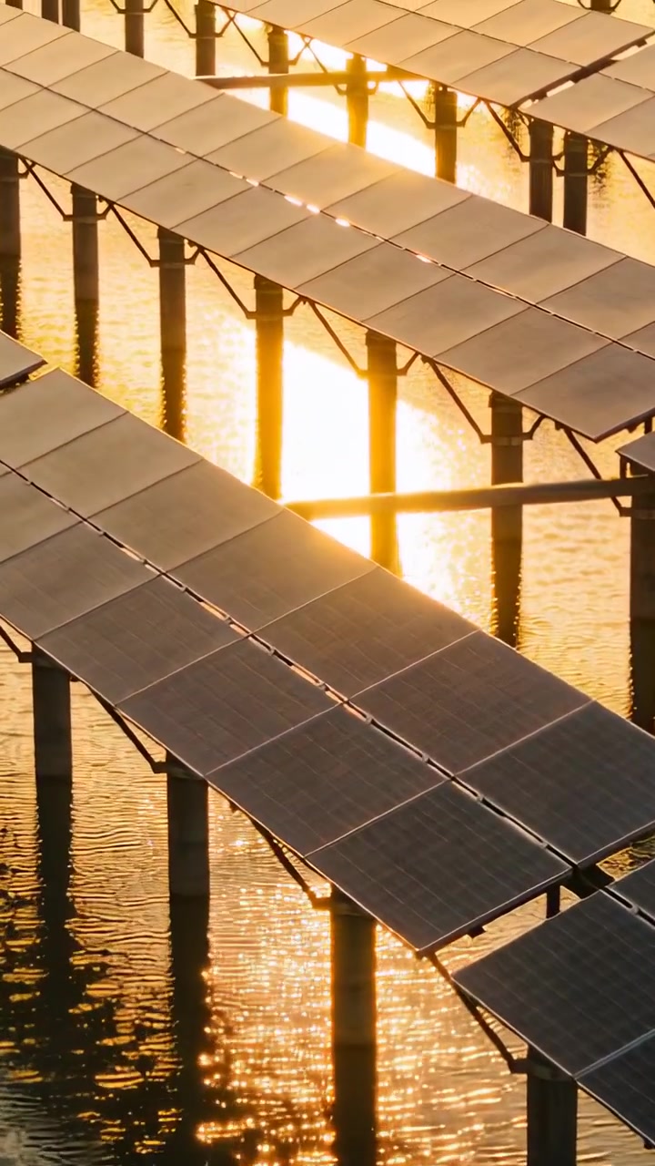 Video verticale: Telecamera panoramica che mostra un impianto solare diagonale in movimento su pali sull'acqua, con riflessi di sole cangianti