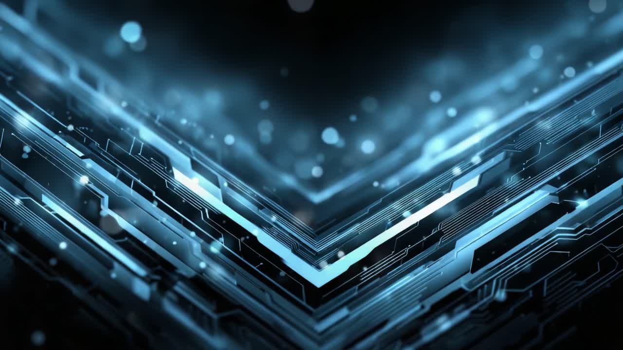 Dynamic Abstract Technological Background Featuring Blue and Black Circuit Patterns with Glowing Lights, Perfect for Innovation and Digital Themes