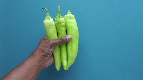 una mano que sostiene tres pimientos verdes