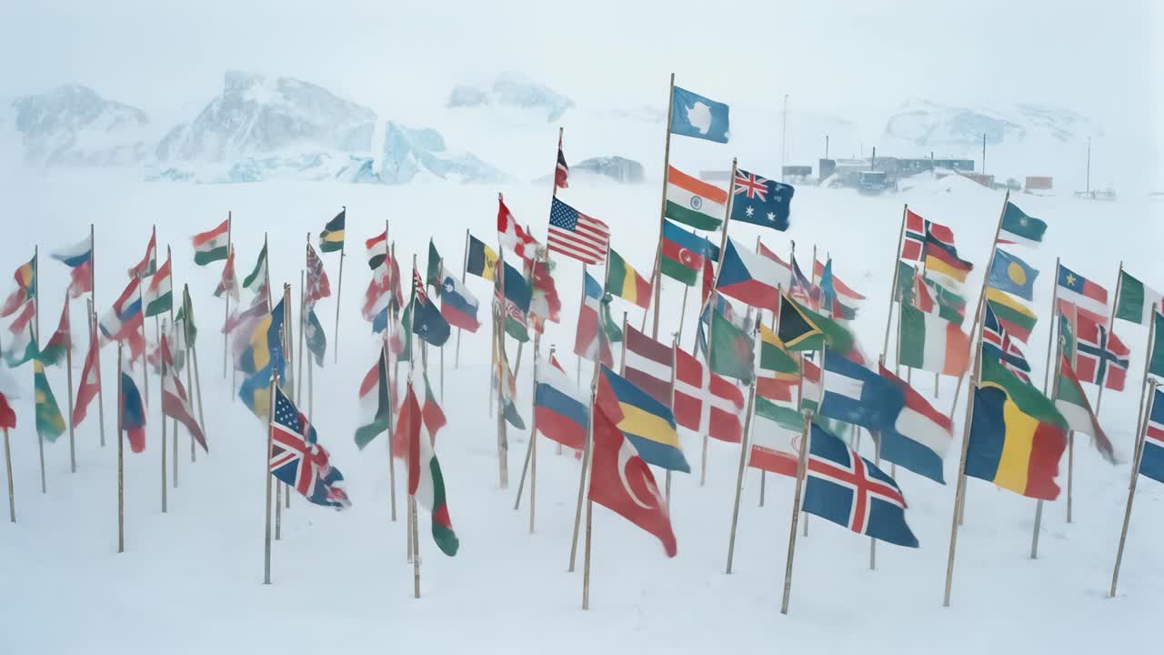 International Flags Waving in Snowy Antarctic Landscape