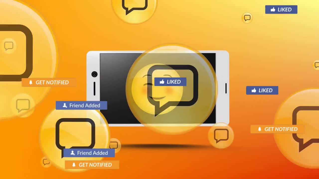 animación de texto de redes sociales con iconos en el teléfono inteligente sobre fondo naranja