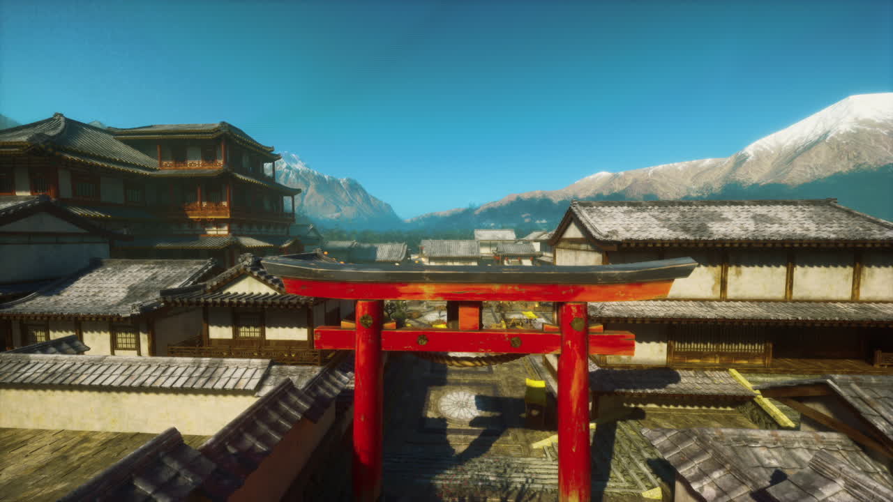 Esplorare l'architettura tradizionale giapponese con un portale torii e montagne