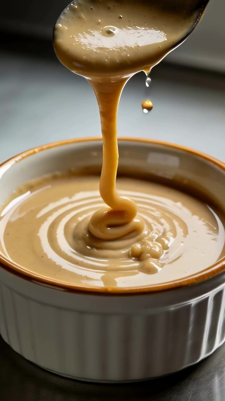 Vertical video: Tilting metal spoon pouring caramel into ramekin on counter, forming spiral mound