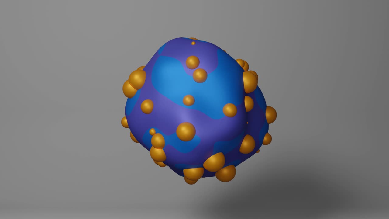 forma líquida abstracta azul y violeta con burbujas naranjas remodelar y transformar. animación de objetos creativos renderizados en 3d