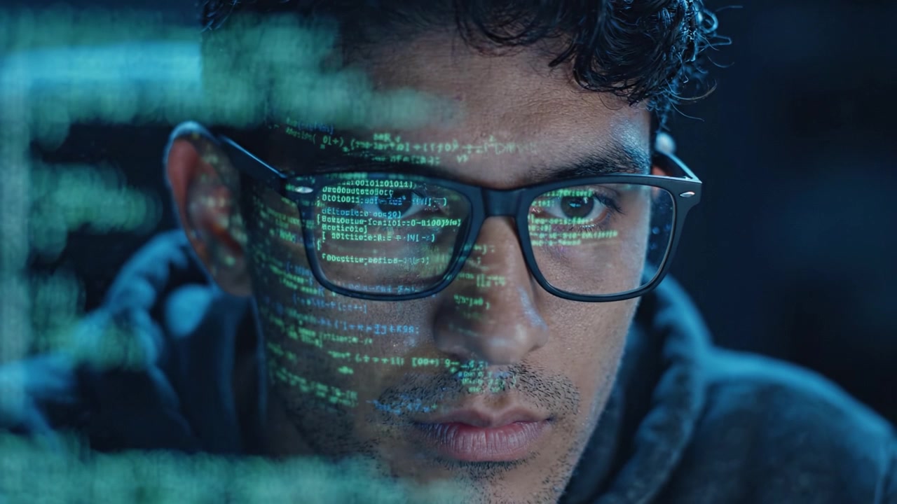 Focused Programmer Analyzing Code on Screen with Digital Text Reflected in Glasses, Representing the Intense World of Coding and Cybersecurity Challenges