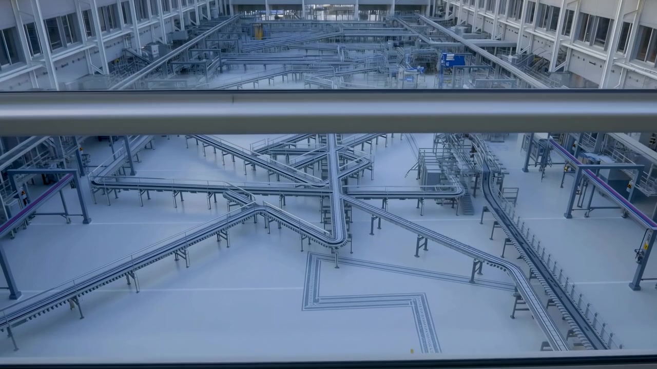 Udsigten sænkes gradvist over krydsende transportbåndsspor og støttestrukturer i et rent, stort fabriksinteriør, afslørende geometrisk rute under køligt dagslys