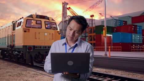 businessman working on laptop at train station with container terminal in background