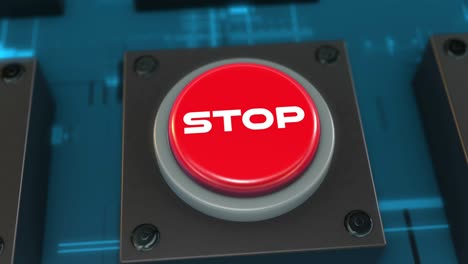 pushed red danger button with the word stop. 4k uhd video animation with focus on button.