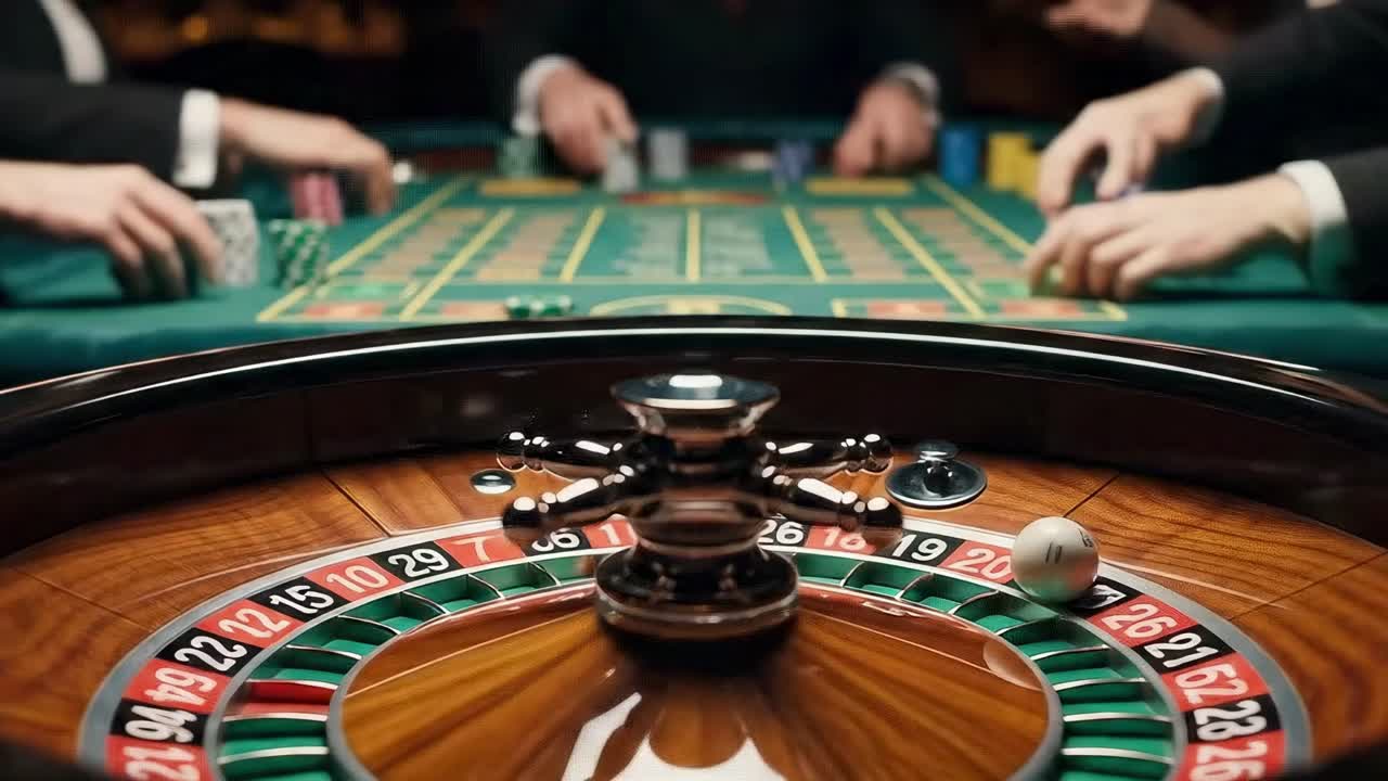 Video da un’angolazione elevata di un tavolo da roulette in azione, che cattura l’emozione del gioco d’azzardo al casinò