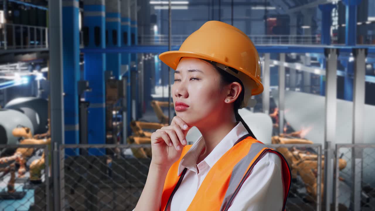 안전 헬을 입은 아시아 여성 엔지니어가 풍력 터빈 제조 공장에서 서서 로 팔이 작동하는 동안 무언가에 대해 생각하고 주변을 둘러보고 있습니다.