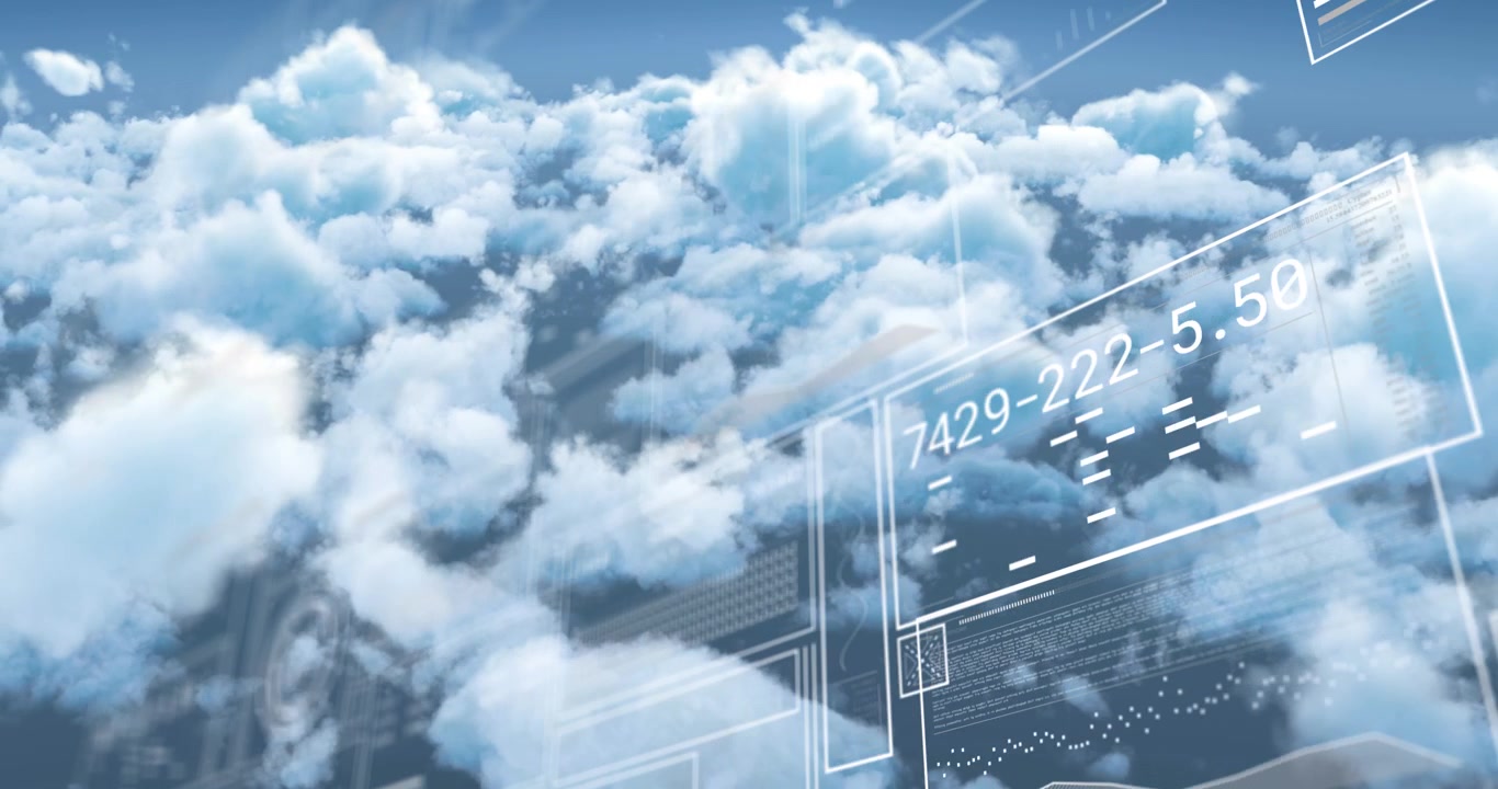 Animation of charts and data processing on interface over cloudy blue sky