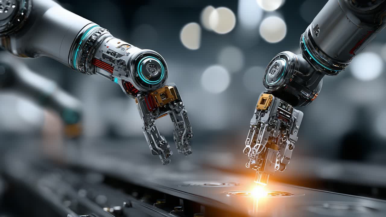 Avancerede robotmanipulatorer i aktion: Præcisionsteknik og automatisering fanget i to rammer, der fremhæver præcisionen og kompleksiteten af moderne robotteknologi