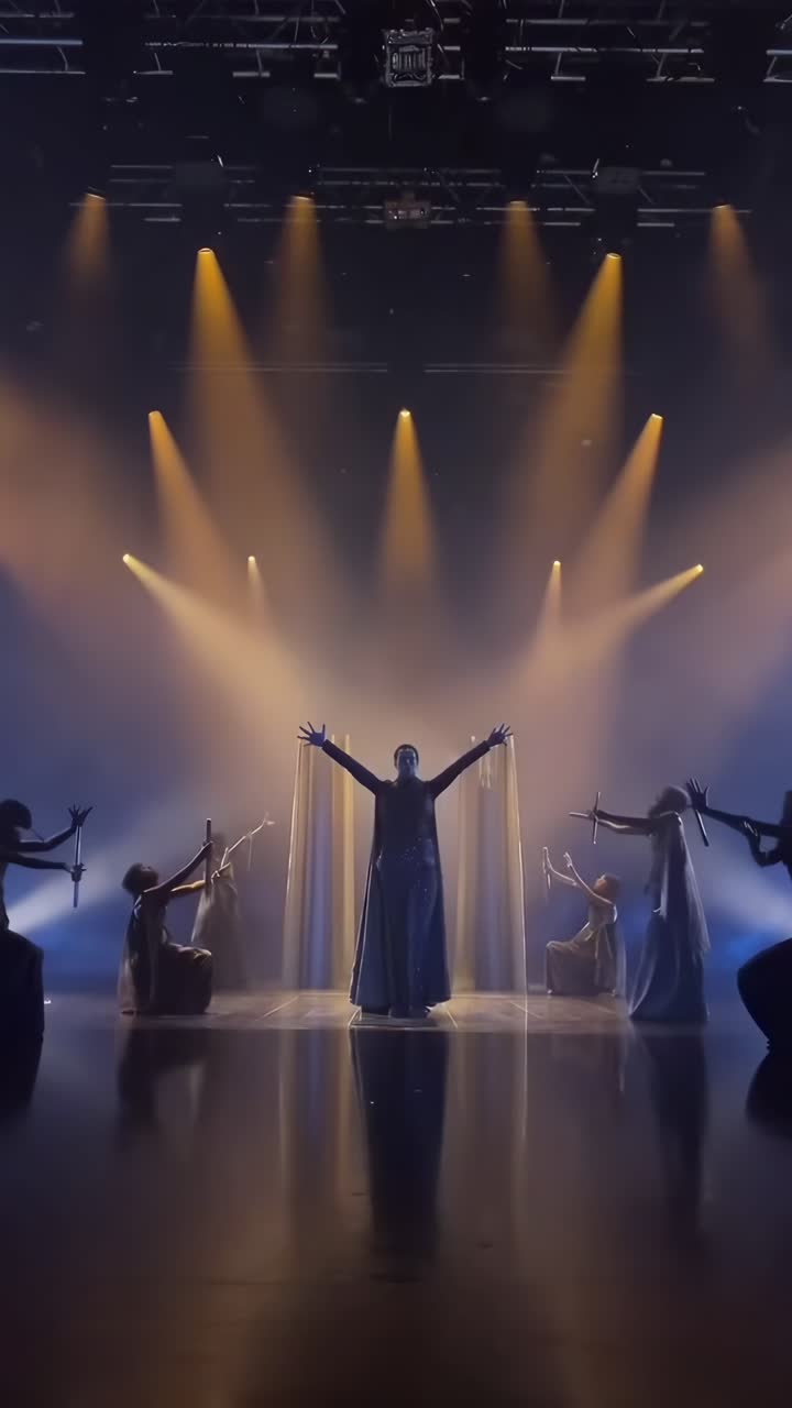 Dramatisk sceneoptræden-video filmet fra en lav vinkel, med dansere i silhuet
