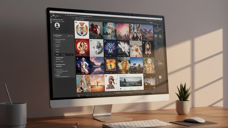 A Modern Workspace Featuring a Sleek Computer Displaying Vibrant Digital Art and Photographs, Bathed in Natural Light for an Inviting Atmosphere