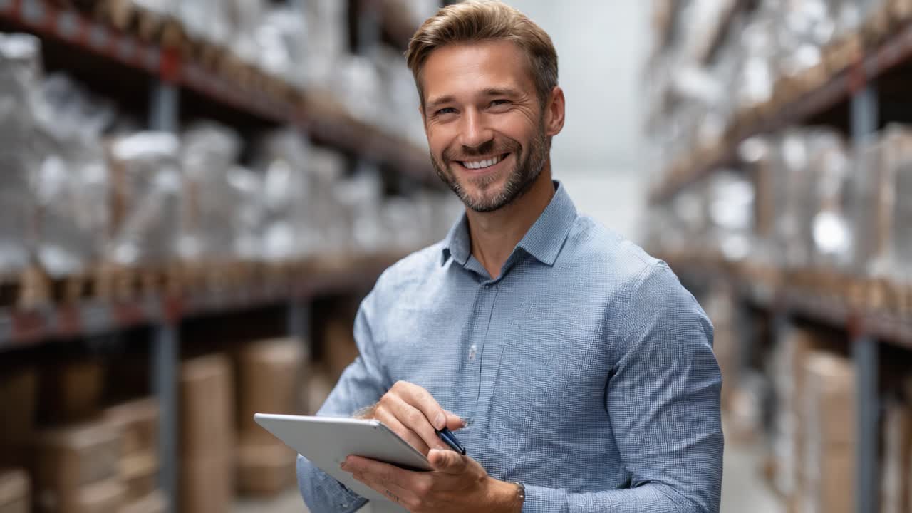 Smiling Warehouse Manager with Tablet in Hand, Engaged in Inventory Management within a Well-Organized Storage Facility, Displaying Efficiency and Professionalism