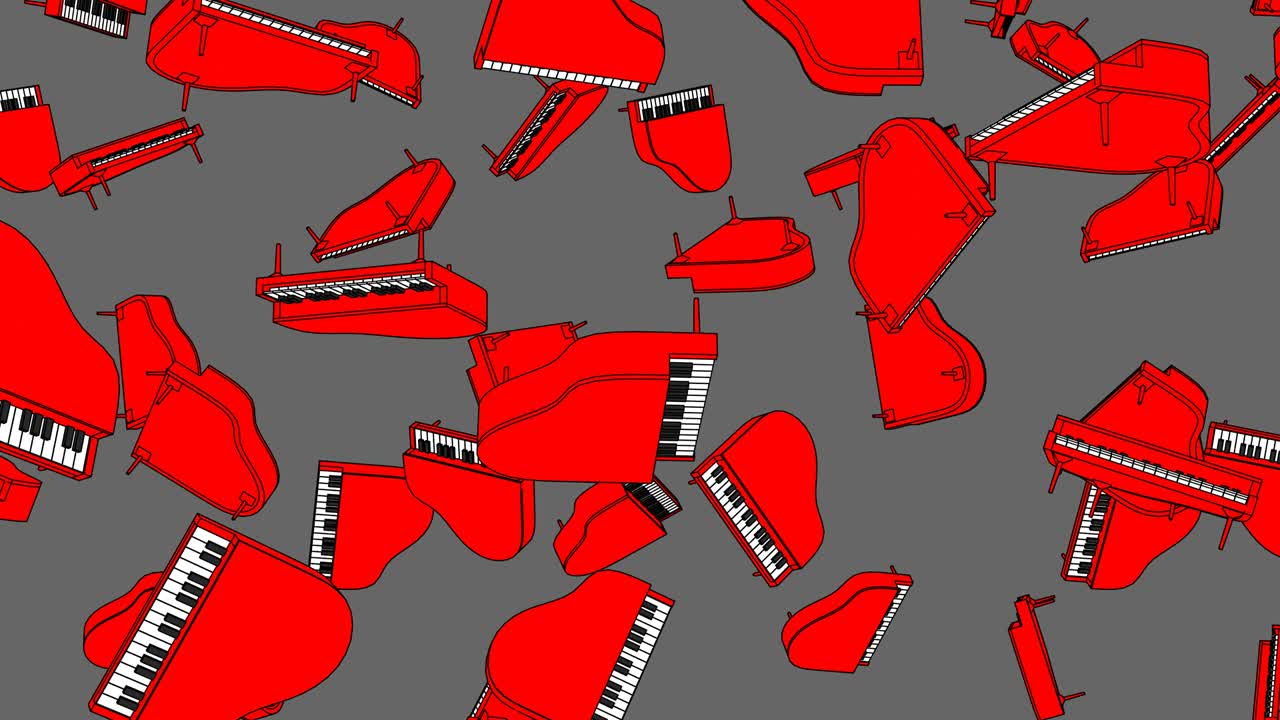 회색 바탕에 많은 빨간 피아노가 있습니다.