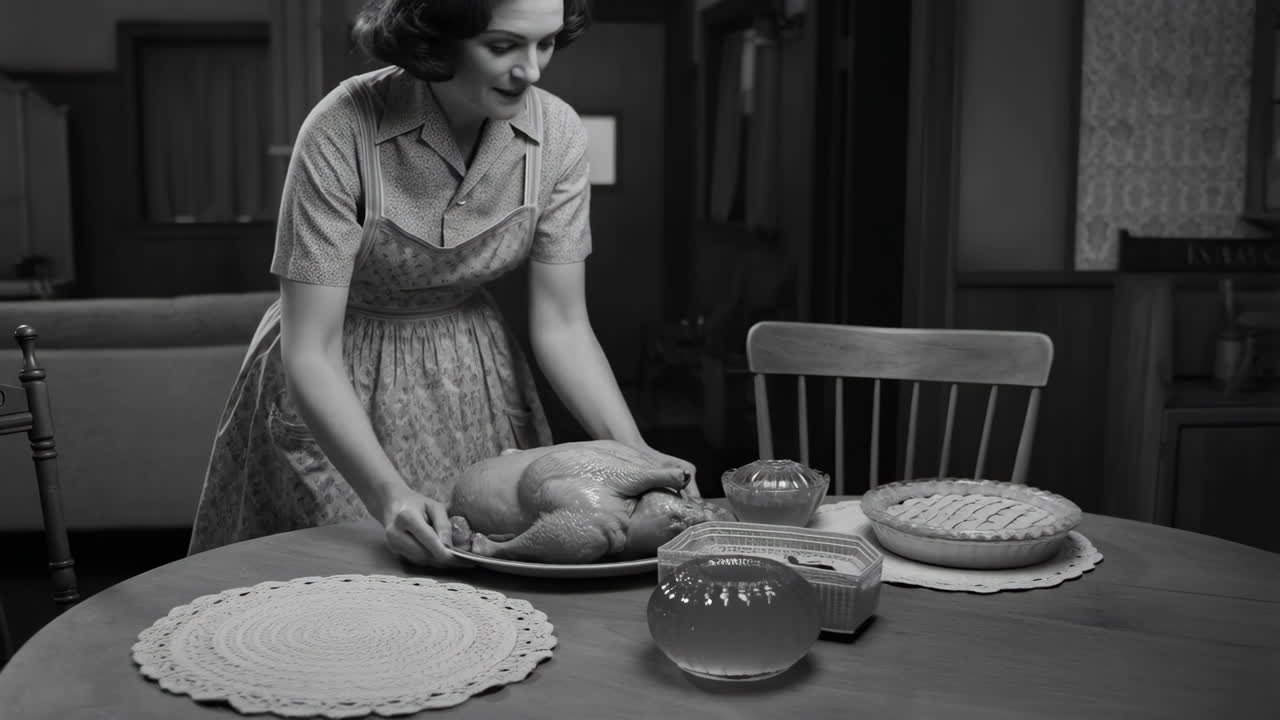 A woman in a retro kitchen preparing a turkey and pie for a meal