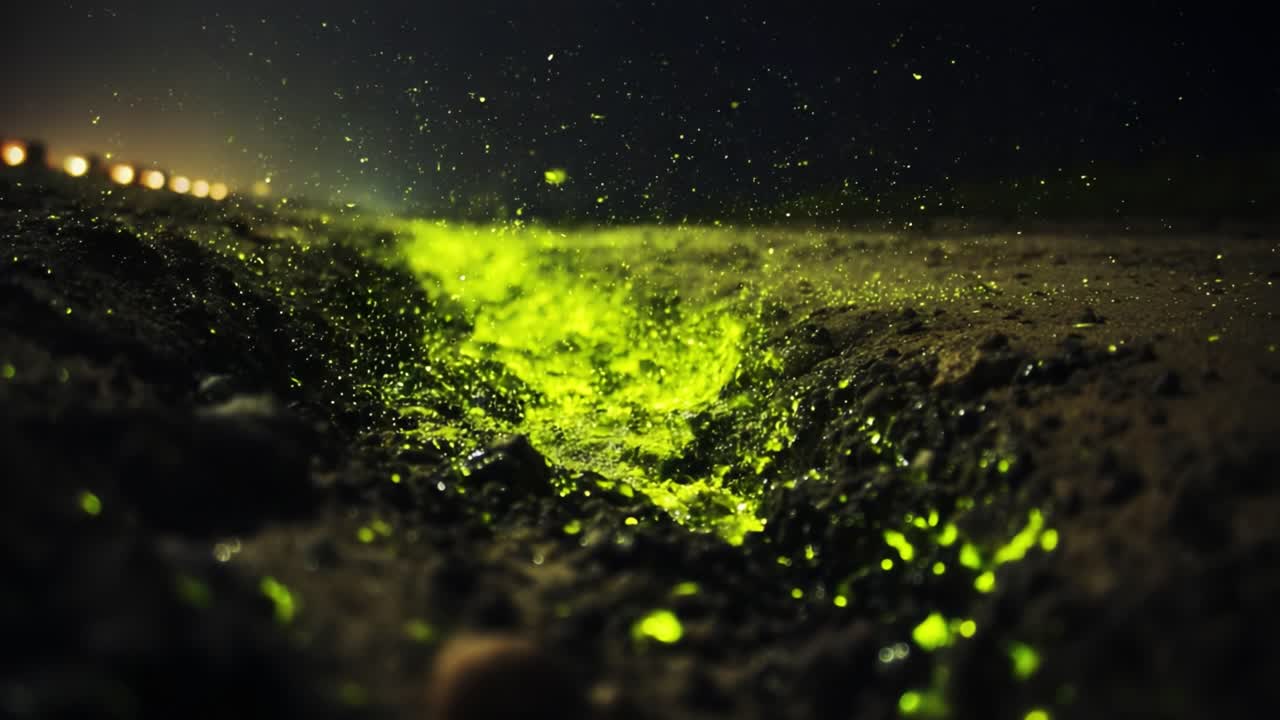 Breathtaking View of Luminous Green Splashes Emerging from a Cracked Earth Surface in a Night Scene Enhancing the Beauty of Nature's Mysterious Phenomena
