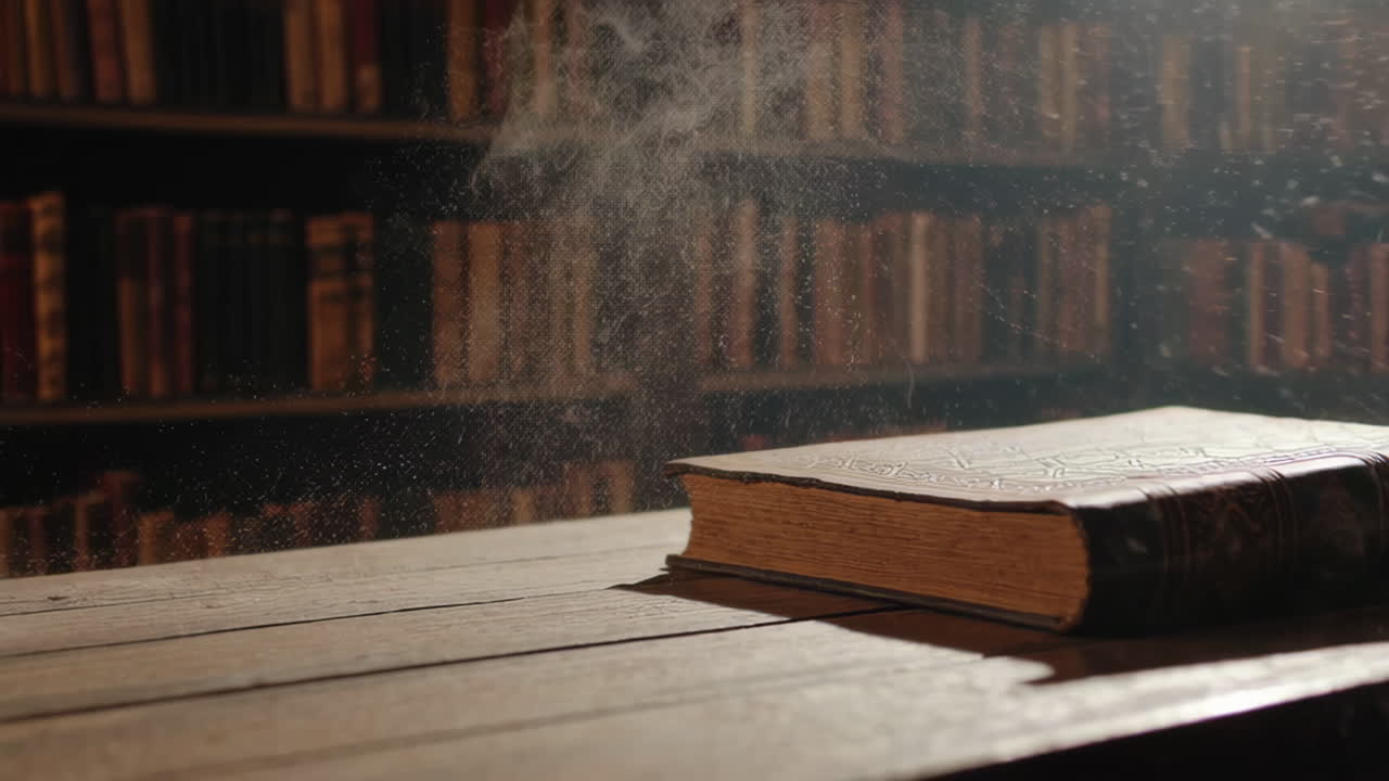Ancient Book on a Wooden Table in a Dim Library