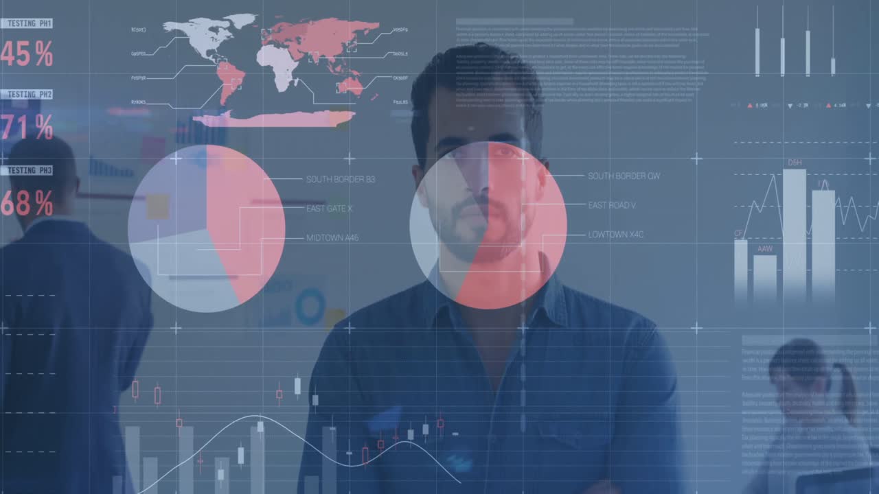 Statistical data processing against portrait of caucasian man smiling at office