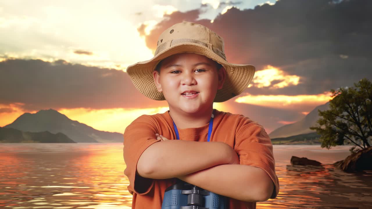 азиатский мальчик с шляпой и биноклем скрестив руки и улыбаясь в камеру на озере. мальчик-исследователь исследует что-то, путешествие приключение концепция, крупный план