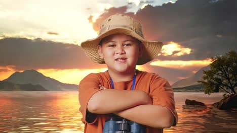 niño asiático con un sombrero y binoculares cruzando los brazos y sonriendo a la cámara en un lago. niño investigador examina algo, concepto de aventura de viaje, de cerca