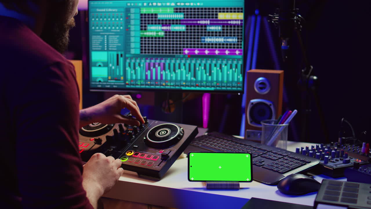 싱 콘솔과 함께 혼합된 소리와 곡을 만드는 음악 연주자
