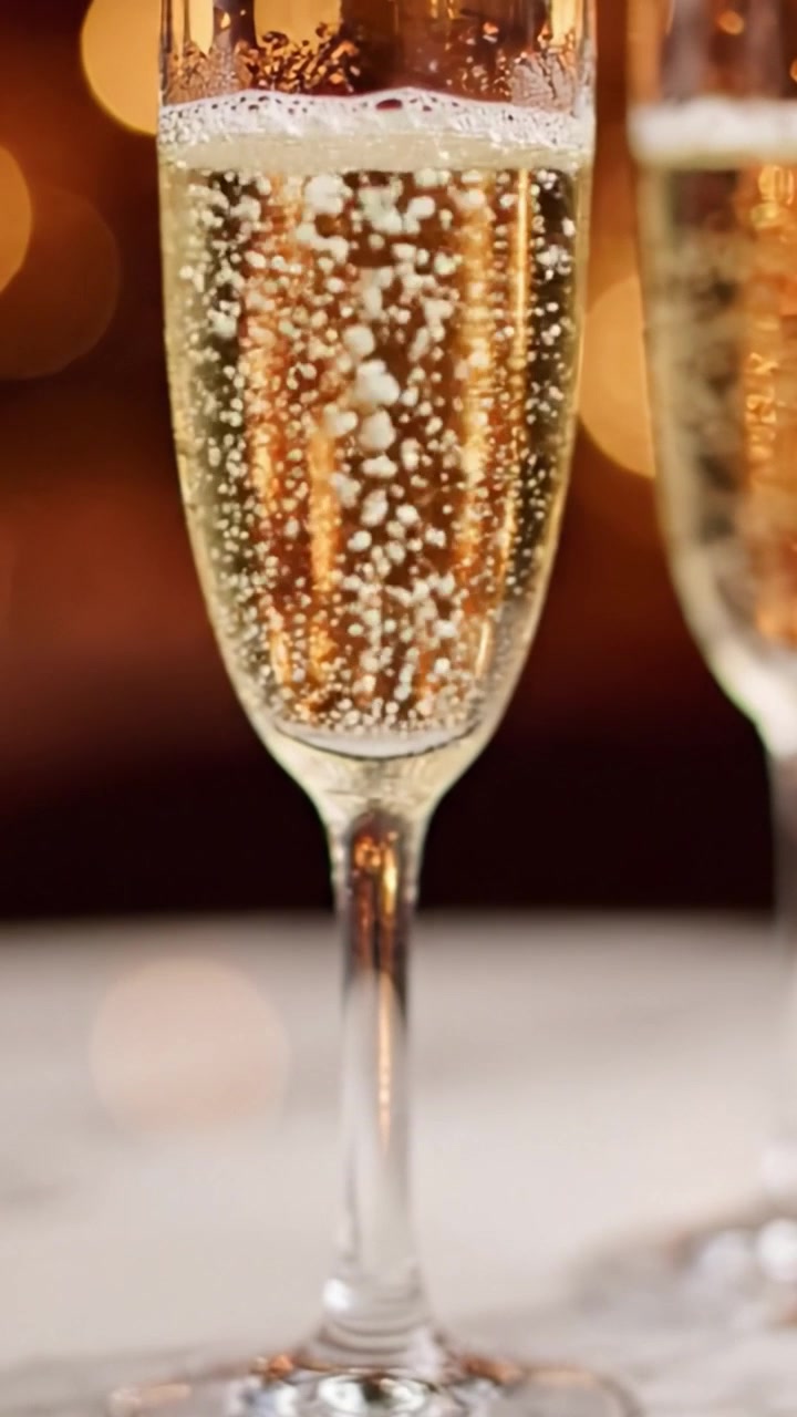 Una Celebrazione in Ogni Sorso: Squisiti Flûte di Champagne Scintillanti Catturati Contro uno Sfondo Bokeh, che Sottolineano Momenti Festivi ed Eleganza