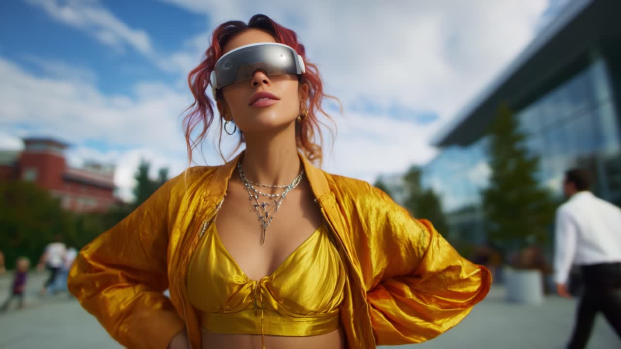 A Daring Fashion Statement: A Confident Individual in Stylish Golden Attire and Futuristic Sunglasses Poses Against a Vibrant Urban Background Under Clear Skies