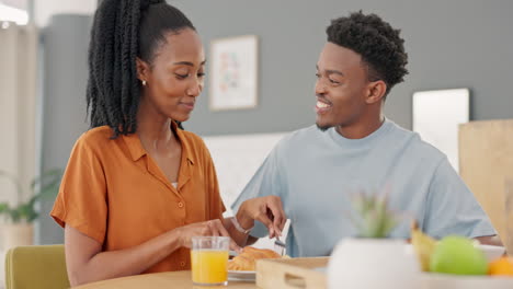 Happy,-black-couple-and-breakfast-feeding