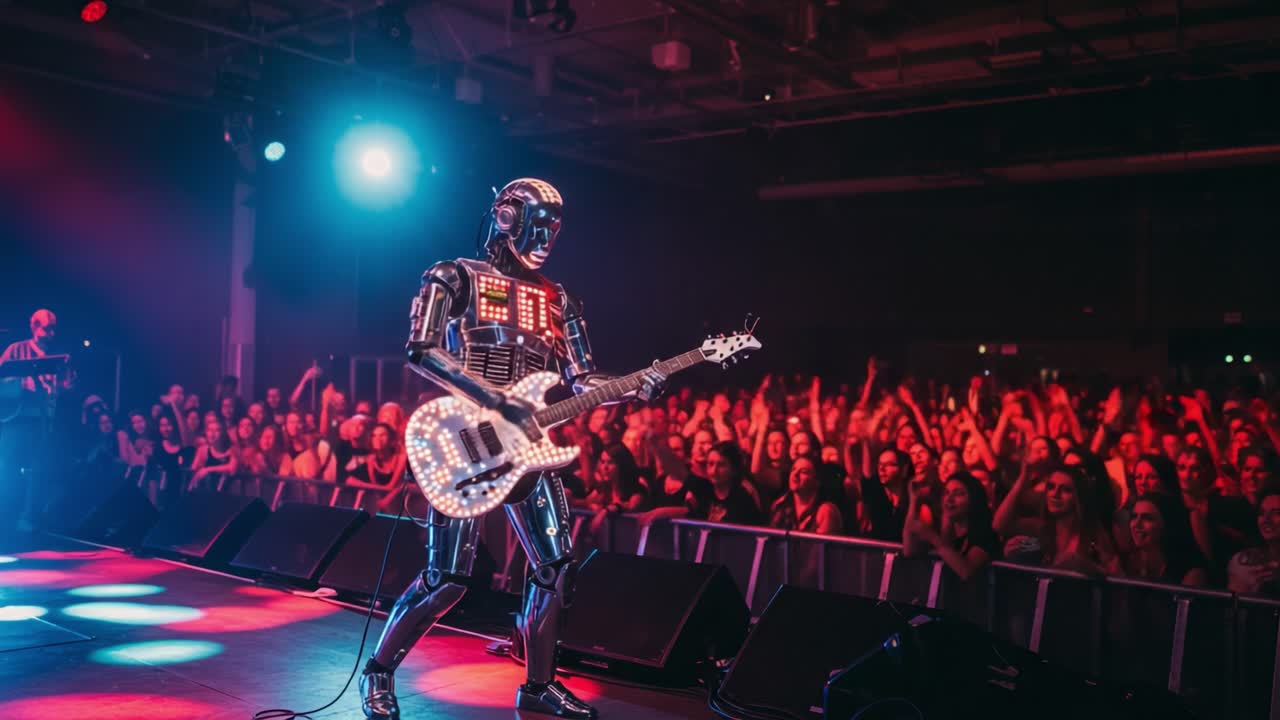 A Robotic Guitarist Captivates the Audience with a Dazzling Performance, Merging Technology and Musical Passion in a Vibrant Atmosphere