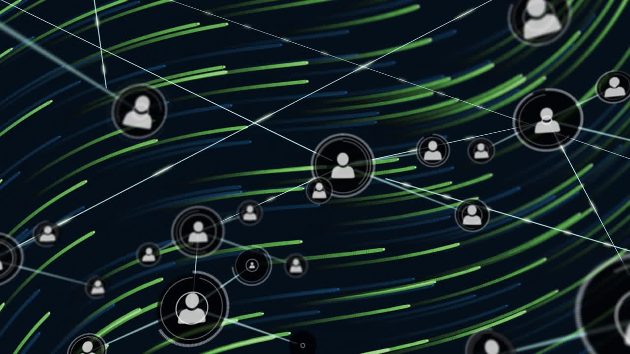 Animation of profile icons connected with lines over lines moving in wave patterns