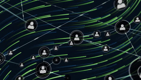 animation of profile icons connected with lines over lines moving in wave patterns