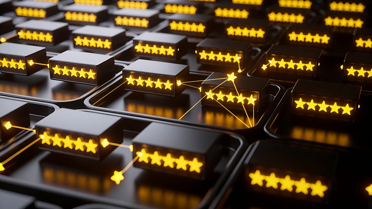 Detaching star moving from glossy black module with five yellow stars in tray grid, forming links