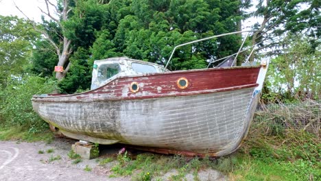 weathered wooden boat on loch ness shore with windswept tree, daylight, tranquil rural scene
