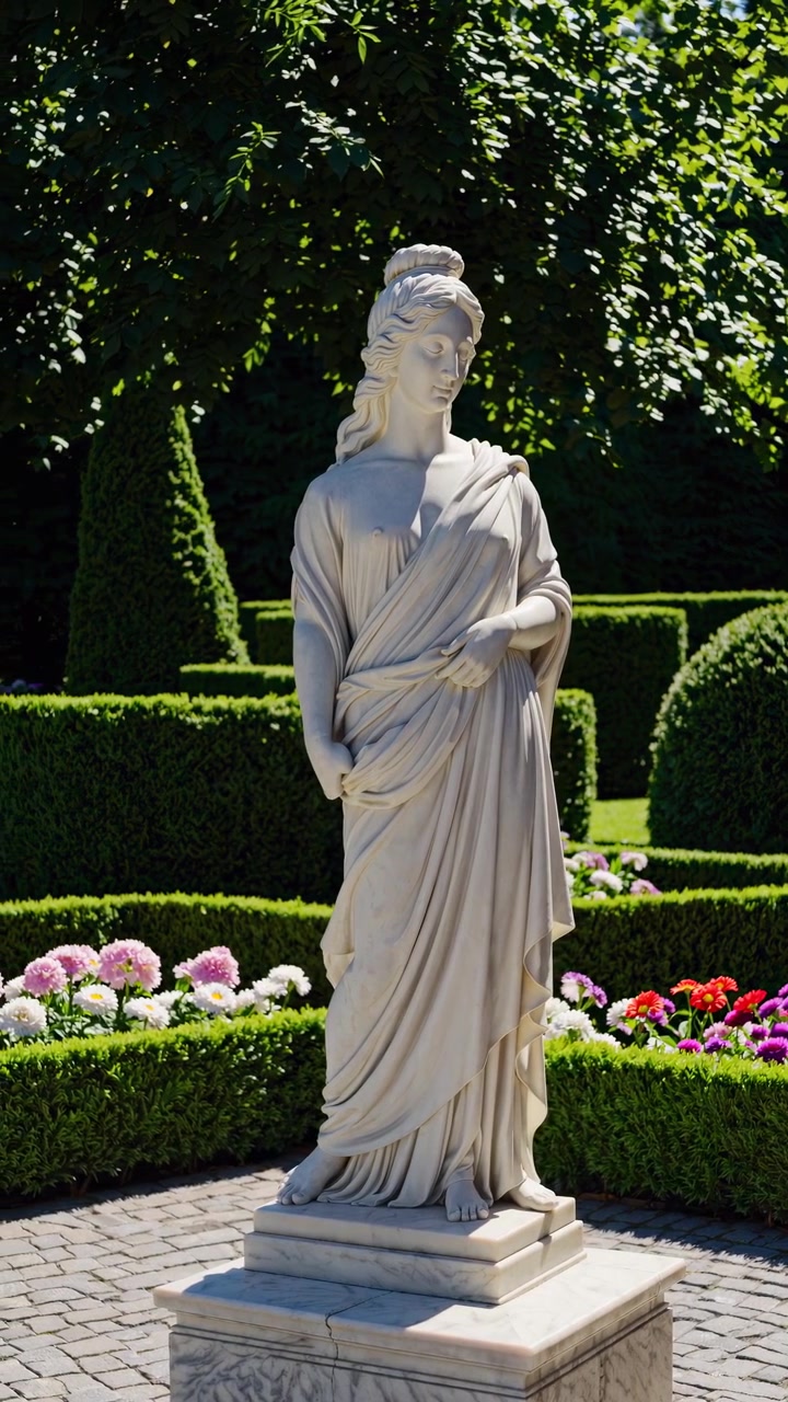 Statua classica in marmo di una donna in un giardino formale