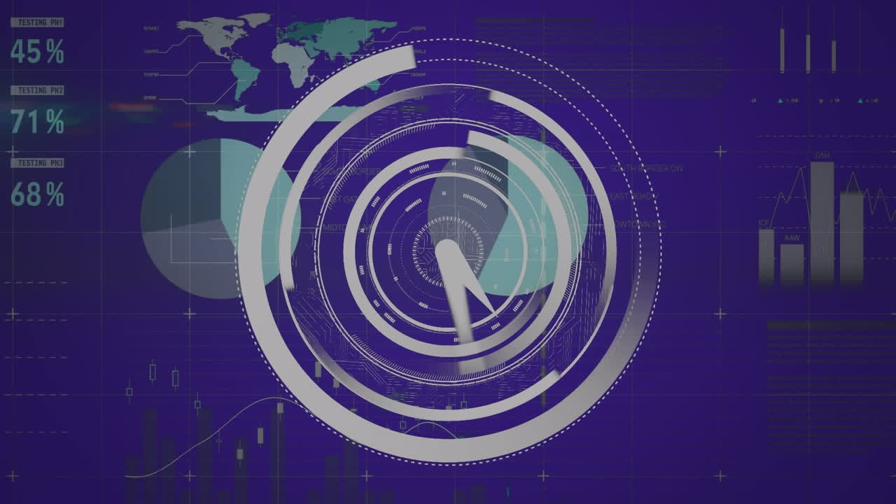 animación del reloj de tic-tac sobre el procesamiento de datos estadísticos contra un fondo azul.