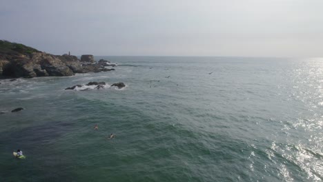 Aerial-shot-of-surfers-waiting-for-waves-and-a-surfer-catching-a-wave-with-birds-flying-past